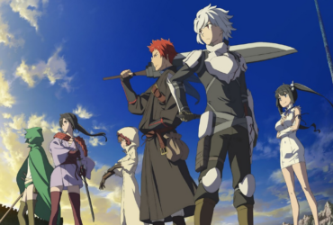 Grupo de personagens de anime em formação épica contra céu azul, simbolizando aventura e autodeterminação em histórias de fantasia discutidas no artigo sobre finais abertos.