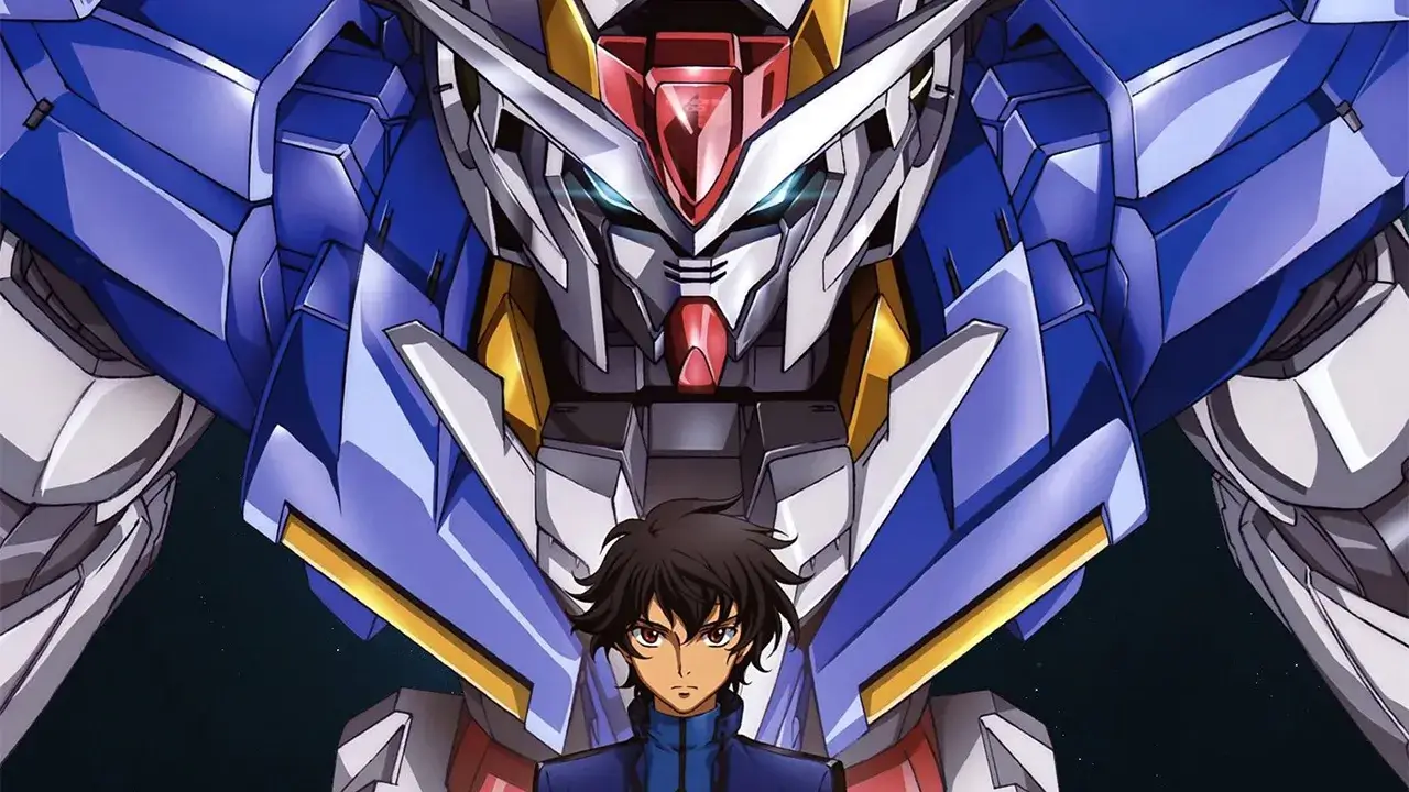 Piloto jovem em frente a Mobile Suit Gundam azul e branco, representando a revolução do realismo no gênero mecha discutida no artigo sobre evolução dos animes de robôs gigantes.