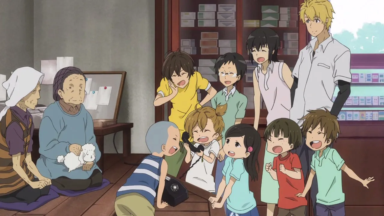 Cena do anime Barakamon com personagens em momento familiar mostrando comunidade japonesa rural