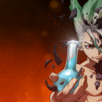Senku de Dr. Stone segurando frasco de laboratório com expressão determinada em fundo alaranjado