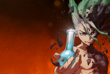 Senku de Dr. Stone segurando frasco de laboratório com expressão determinada em fundo alaranjado