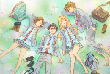 Estudantes de uniforme escolar deitados na grama em círculo com instrumentos musicais ao redor em cena de Your Lie in April