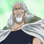 Silvers Rayleigh, o Vice-Capitão dos Piratas do Roger em One Piece, com cabelos brancos longos e capa verde sobre fundo verde claro