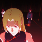 Cena de Jujutsu Kaisen temporada 3 episódio 3 mostrando personagem com olhos vermelhos e outros feiticeiros conectados por linhas vermelhas representando o sistema do Jogo do Abate