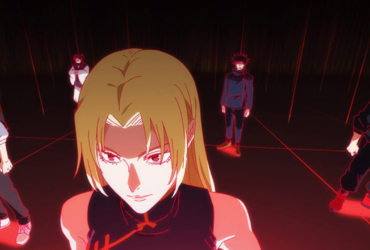 Cena de Jujutsu Kaisen temporada 3 episódio 3 mostrando personagem com olhos vermelhos e outros feiticeiros conectados por linhas vermelhas representando o sistema do Jogo do Abate