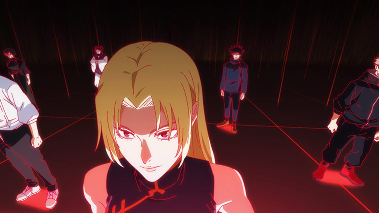 Cena de Jujutsu Kaisen temporada 3 episódio 3 mostrando personagem com olhos vermelhos e outros feiticeiros conectados por linhas vermelhas representando o sistema do Jogo do Abate