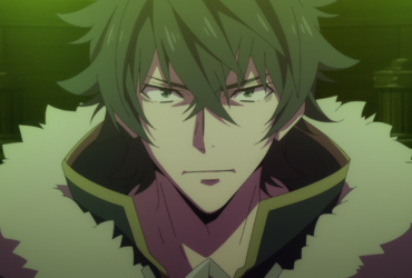 Naofumi Iwatani, protagonista de The Rising of the Shield Hero, com expressão séria e determinada após ser traído e humilhado, representando sua jornada de vingança e redenção no anime