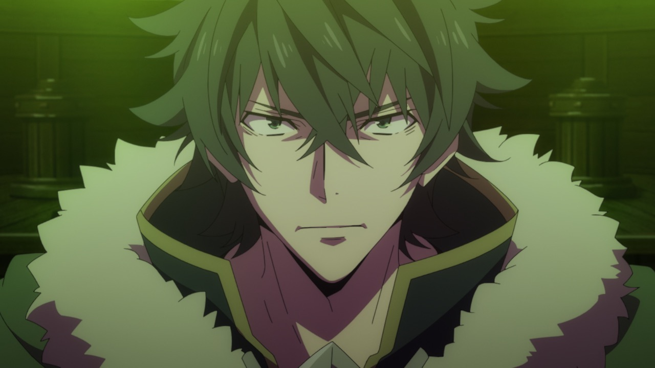 Naofumi Iwatani, protagonista de The Rising of the Shield Hero, com expressão séria e determinada após ser traído e humilhado, representando sua jornada de vingança e redenção no anime
