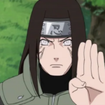 Personagem Neji Hyuga de Naruto Shippuden com headband da Vila da Folha fazendo gesto de mão característico do clã Hyuga em meio à floresta, representando determinação e quebra de expectativas impostas pelo destino