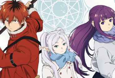 Arte oficial mostrando Frieren (elfa de cabelos brancos), Fern (garota de cabelos roxos) e Stark (guerreiro de cabelos vermelhos), personagens principais do anime Frieren: Beyond Journey's End, em ilustração com círculos mágicos ao fundo