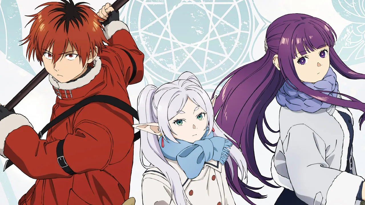 Arte oficial mostrando Frieren (elfa de cabelos brancos), Fern (garota de cabelos roxos) e Stark (guerreiro de cabelos vermelhos), personagens principais do anime Frieren: Beyond Journey's End, em ilustração com círculos mágicos ao fundo