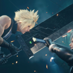 Cena de gameplay mostrando Cloud Strife com cabelos loiros espetados empunhando a espada gigante Buster Sword em combate aéreo contra Sephiroth de cabelos prateados em Final Fantasy VII Remake Intergrade, com faíscas e efeitos visuais dinâmicos ao redor