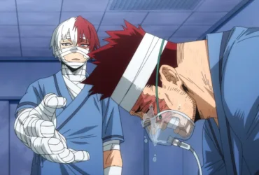 Montagem de cenas de My Hero Academia mostrando Endeavor em momentos emocionais e vulneráveis, incluindo cenas de choro e interações com seu filho Shouto Todoroki, representando seu difícil arco de redenção