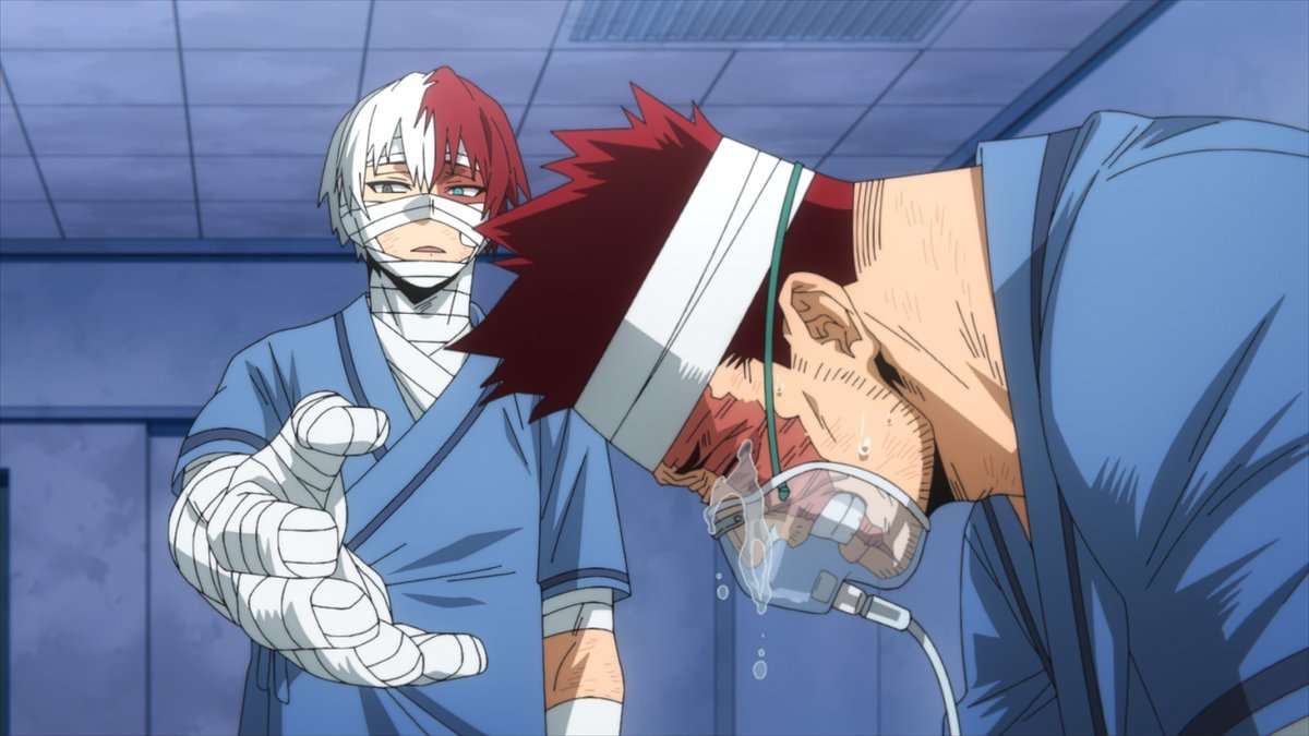 Montagem de cenas de My Hero Academia mostrando Endeavor em momentos emocionais e vulneráveis, incluindo cenas de choro e interações com seu filho Shouto Todoroki, representando seu difícil arco de redenção