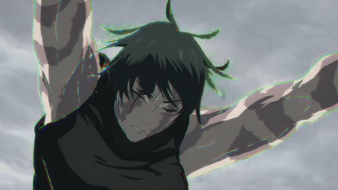 Maki Zen'in com expressão vazia empunhando grande espada em movimento dinâmico durante cena do massacre do Clã Zen'in no episódio 4 da temporada 3 de Jujutsu Kaisen com céu cinza ao fundo