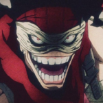 Close-up dramático de Stain, vilão de My Hero Academia, com bandagens cobrindo o rosto, expressão intimidadora e fundo vermelho, representando antagonista com ideologia complexa sobre heróis verdadeiros