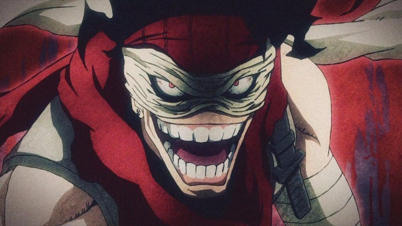 Close-up dramático de Stain, vilão de My Hero Academia, com bandagens cobrindo o rosto, expressão intimidadora e fundo vermelho, representando antagonista com ideologia complexa sobre heróis verdadeiros