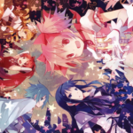 Ilustração artística com personagens de anime em estilo magical girl, apresentando paleta de cores vibrantes em rosa, roxo, azul e vermelho, com elementos decorativos como estrelas e notas musicais, representando a dualidade entre estética fofa e narrativas profundas