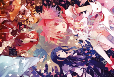 Ilustração artística com personagens de anime em estilo magical girl, apresentando paleta de cores vibrantes em rosa, roxo, azul e vermelho, com elementos decorativos como estrelas e notas musicais, representando a dualidade entre estética fofa e narrativas profundas