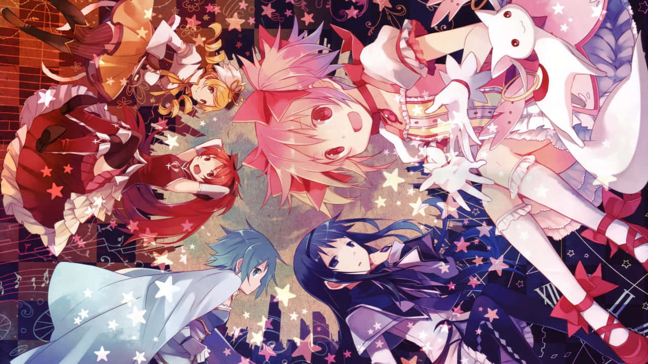 Ilustração artística com personagens de anime em estilo magical girl, apresentando paleta de cores vibrantes em rosa, roxo, azul e vermelho, com elementos decorativos como estrelas e notas musicais, representando a dualidade entre estética fofa e narrativas profundas