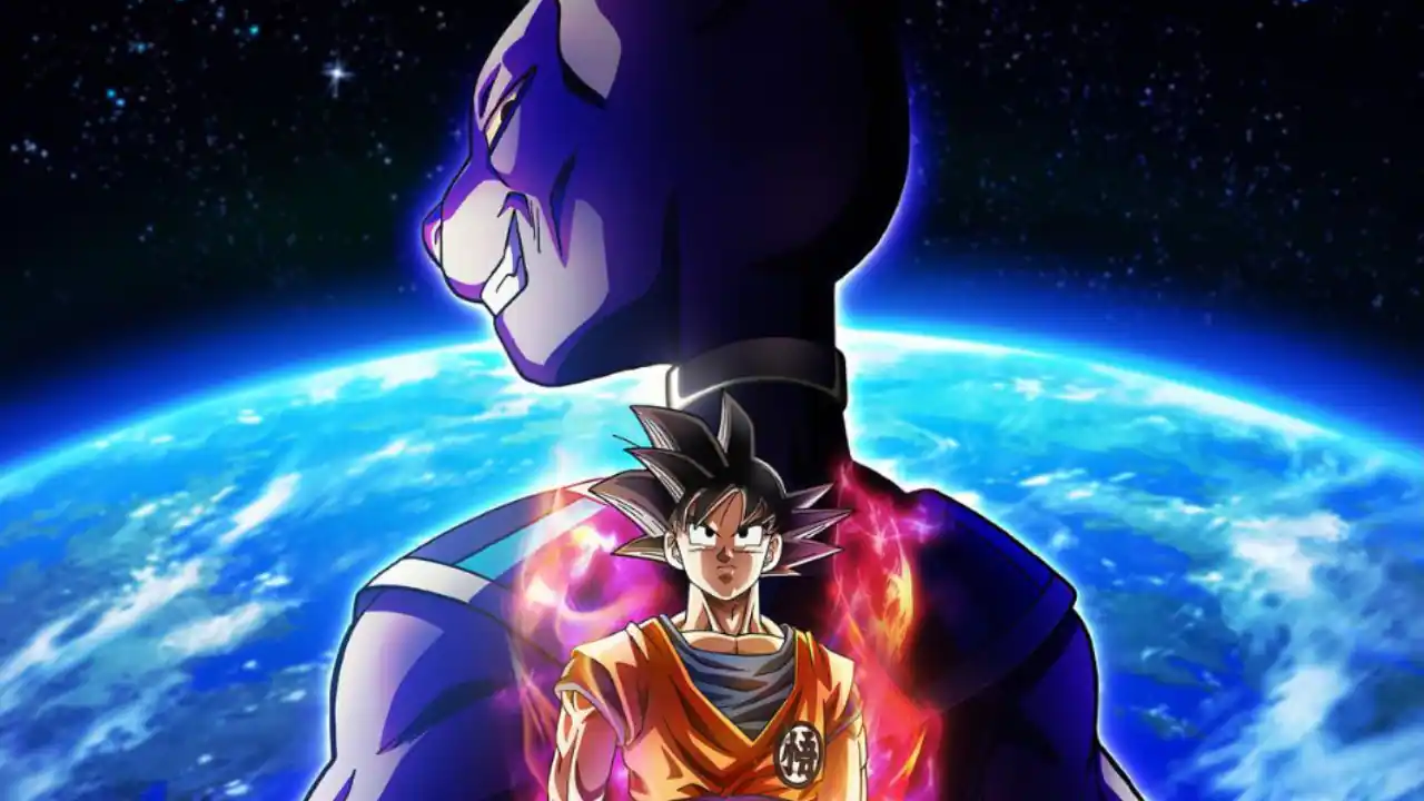 Goku em frente ao Deus da Destruição Beerus com a Terra ao fundo, representando o confronto épico da saga de Beerus no remake de Dragon Ball Super anunciado pela Toei Animation