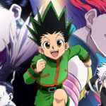 Montagem promocional do anime Hunter x Hunter com Gon em primeiro plano correndo, Killua ao lado, Hisoka sorrindo ao fundo com estrela no rosto e outros personagens em sombras, com contraste de cores entre claro e escuro