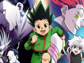 Montagem promocional do anime Hunter x Hunter com Gon em primeiro plano correndo, Killua ao lado, Hisoka sorrindo ao fundo com estrela no rosto e outros personagens em sombras, com contraste de cores entre claro e escuro