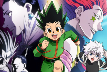 Montagem promocional do anime Hunter x Hunter com Gon em primeiro plano correndo, Killua ao lado, Hisoka sorrindo ao fundo com estrela no rosto e outros personagens em sombras, com contraste de cores entre claro e escuro