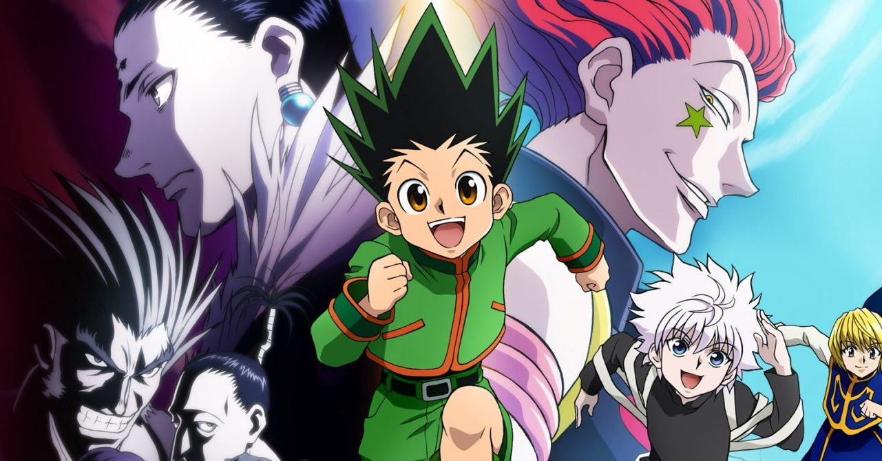 Montagem promocional do anime Hunter x Hunter com Gon em primeiro plano correndo, Killua ao lado, Hisoka sorrindo ao fundo com estrela no rosto e outros personagens em sombras, com contraste de cores entre claro e escuro