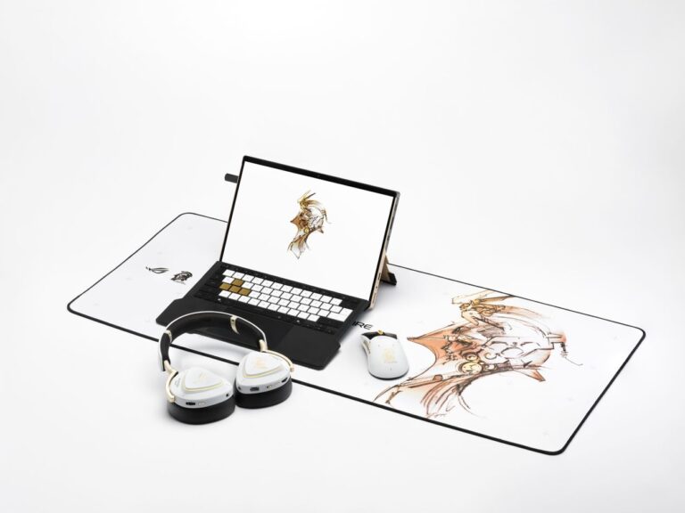 Tablet ROG Flow Z13-KJP acompanhado de headset, mouse e mousepad personalizados da linha ROG x Kojima Productions, com arte inspirada no conceito Ludens.