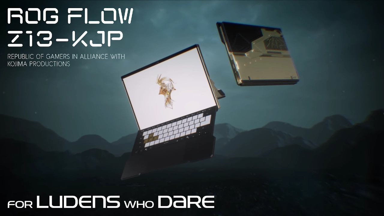 Tablet gamer ROG Flow Z13-KJP em formato 2 em 1, com teclado destacável e design exclusivo inspirado na Kojima Productions e no conceito Ludens.