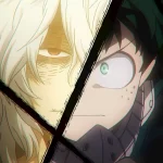 Imagem dividida ao meio mostrando Izuku Midoriya de um lado e Tomura Shigaraki do outro, em um enquadramento dramático que simboliza o confronto entre heróis e vilões em My Hero Academia.