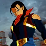 Imagem de Super 17 em DRAGON BALL: Sparking! ZERO, vestindo traje azul com detalhes amarelos e lenço vermelho, em uma cidade futurista sob céu nublado.