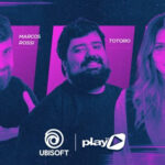 Imagem promocional da parceria entre Ubisoft e PlayTV com os criadores Marcos Rossi, Totoro e Mari Nery