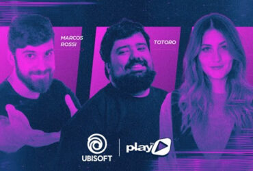 Imagem promocional da parceria entre Ubisoft e PlayTV com os criadores Marcos Rossi, Totoro e Mari Nery
