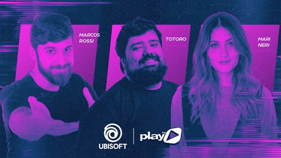 Imagem promocional da parceria entre Ubisoft e PlayTV com os criadores Marcos Rossi, Totoro e Mari Nery