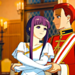 Fern, uma jovem maga de cabelos roxos, dança com Stark, um guerreiro ruivo usando um uniforme vermelho e dourado, em um salão elegante iluminado por lustres, em um momento romântico e calmo.