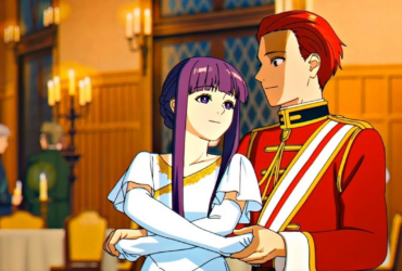 Fern, uma jovem maga de cabelos roxos, dança com Stark, um guerreiro ruivo usando um uniforme vermelho e dourado, em um salão elegante iluminado por lustres, em um momento romântico e calmo.