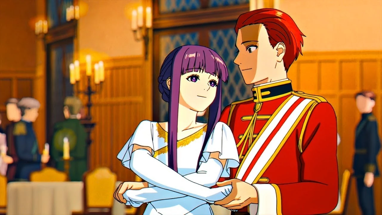 Fern, uma jovem maga de cabelos roxos, dança com Stark, um guerreiro ruivo usando um uniforme vermelho e dourado, em um salão elegante iluminado por lustres, em um momento romântico e calmo.
