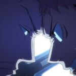 Close-up de dois personagens de Jujutsu Kaisen frente a frente, com expressões tensas e olhos iluminados em tom azulado, sugerindo confronto e alta carga emocional.