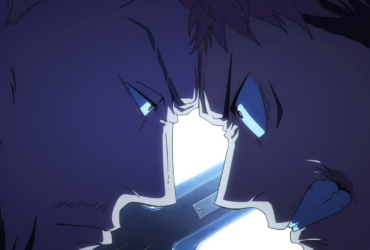 Close-up de dois personagens de Jujutsu Kaisen frente a frente, com expressões tensas e olhos iluminados em tom azulado, sugerindo confronto e alta carga emocional.