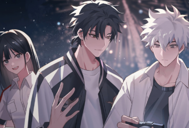 Ilustração em estilo anime com três personagens de Link Click em primeiro plano, em uma noite com neve e luzes desfocadas ao fundo, transmitindo suspense e tensão emocional.