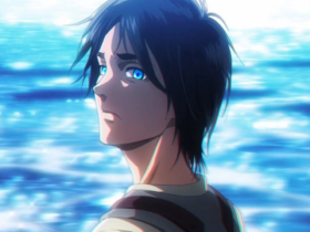 Eren Yeager (Attack on Titan) de perfil, com cabelo escuro e olhos azuis, olhando para o horizonte com expressão séria, com o mar azul desfocado ao fundo.