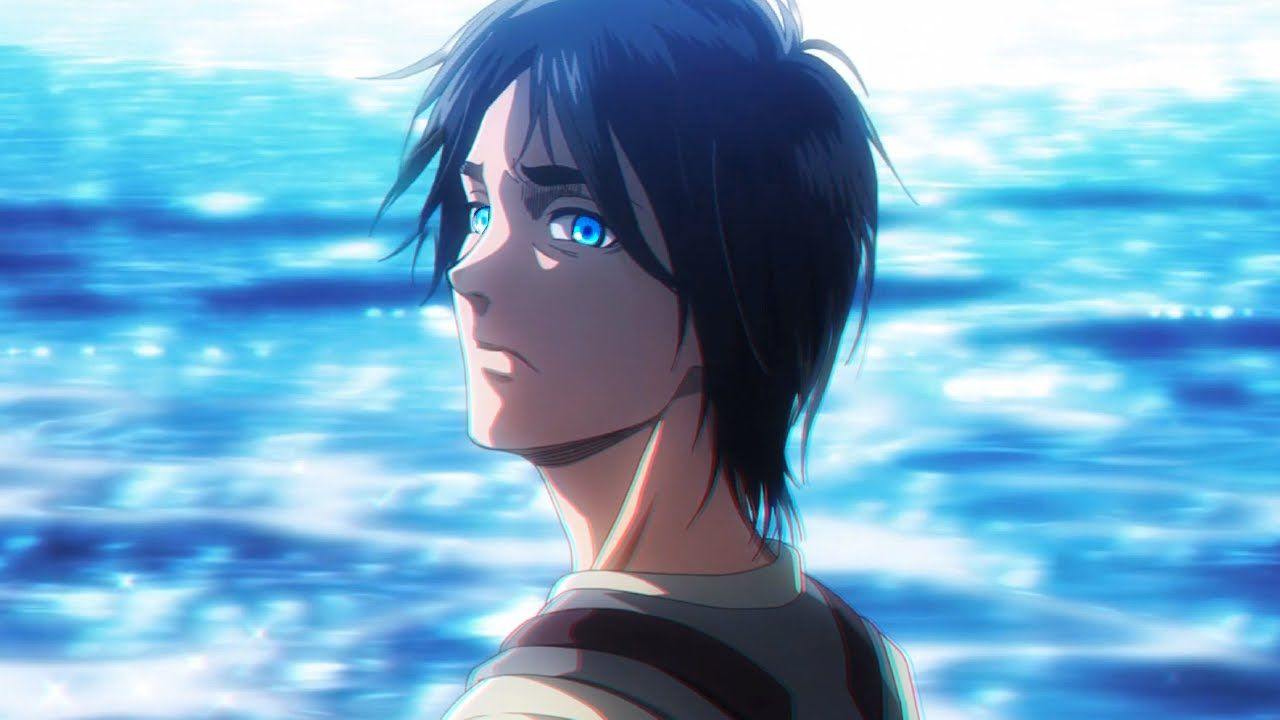 Eren Yeager (Attack on Titan) de perfil, com cabelo escuro e olhos azuis, olhando para o horizonte com expressão séria, com o mar azul desfocado ao fundo.