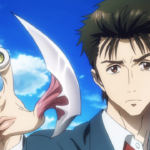 Personagem Shinichi Izumi com o parasita Migi na mão direita, com um olho visível e uma lâmina, em cena de Parasyte: The Maxim.