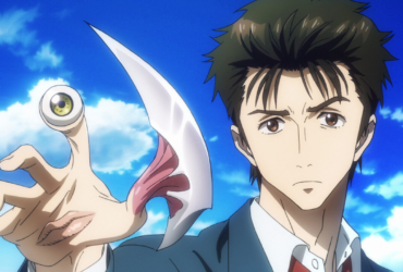 Personagem Shinichi Izumi com o parasita Migi na mão direita, com um olho visível e uma lâmina, em cena de Parasyte: The Maxim.