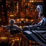 Personagem de Demon Slayer pulando em direção a uma cidade japonesa iluminada à noite, com um demônio de roupa listrada observando ao fundo em primeiro plano