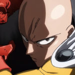 Frame da abertura de One Punch Man mostrando Saitama com luvas vermelhas, braço levantado e expressão focada, em um fundo escuro, sugerindo um golpe iminente.