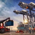 Guindastes gigantes operando containers no porto em Docked simulador portuário