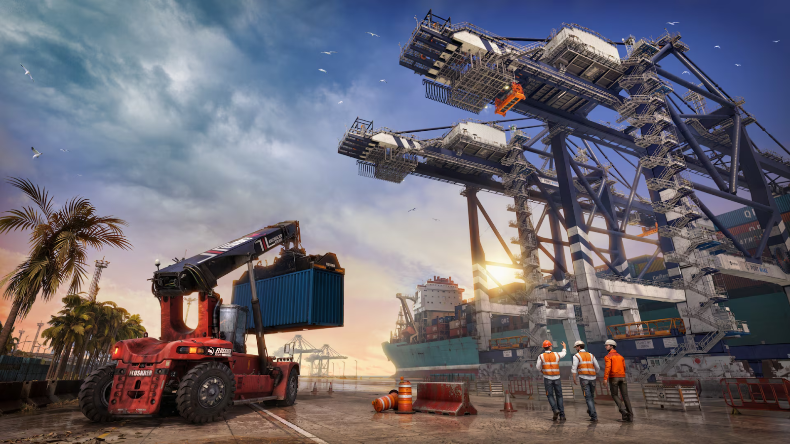Guindastes gigantes operando containers no porto em Docked simulador portuário